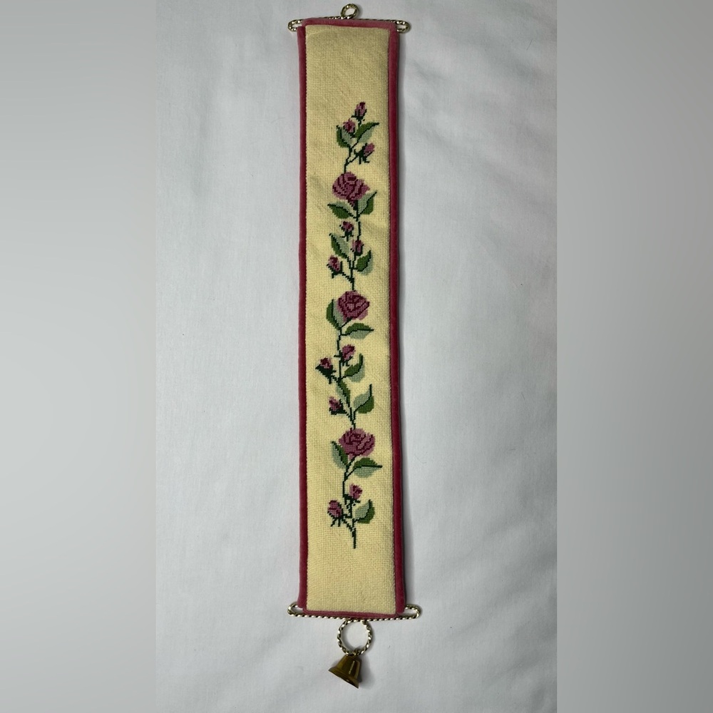 Vintage Needlepoint Bell Pull, Flowers, Hardware Velvet Backing.Cream Pink&Green
